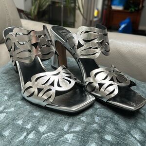 Emanuele Crasto New Leather Cut Out Silver Heel Sandals Made in Italy